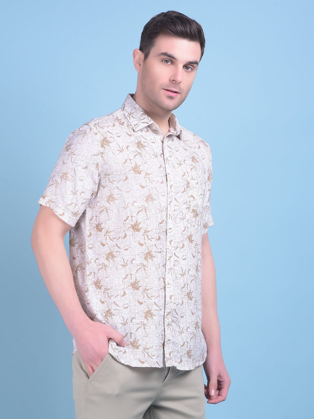 Brown Floral Print Linen Shirt-Men Shirts-Crimsoune Club