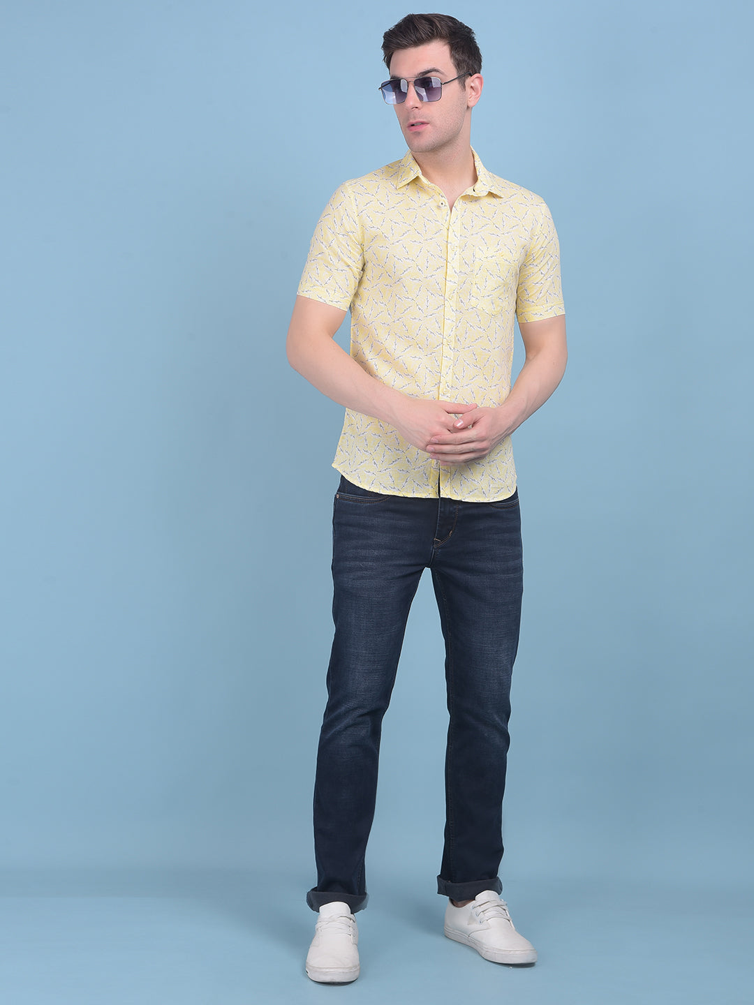 Yellow Floral Print Linen Shirt-Men Shirts-Crimsoune Club