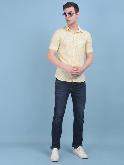 Yellow Floral Print Linen Shirt-Men Shirts-Crimsoune Club