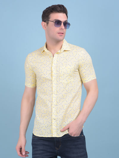 Yellow Floral Print Linen Shirt-Men Shirts-Crimsoune Club