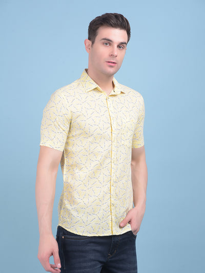 Yellow Floral Print Linen Shirt-Men Shirts-Crimsoune Club