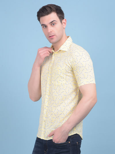 Yellow Floral Print Linen Shirt-Men Shirts-Crimsoune Club