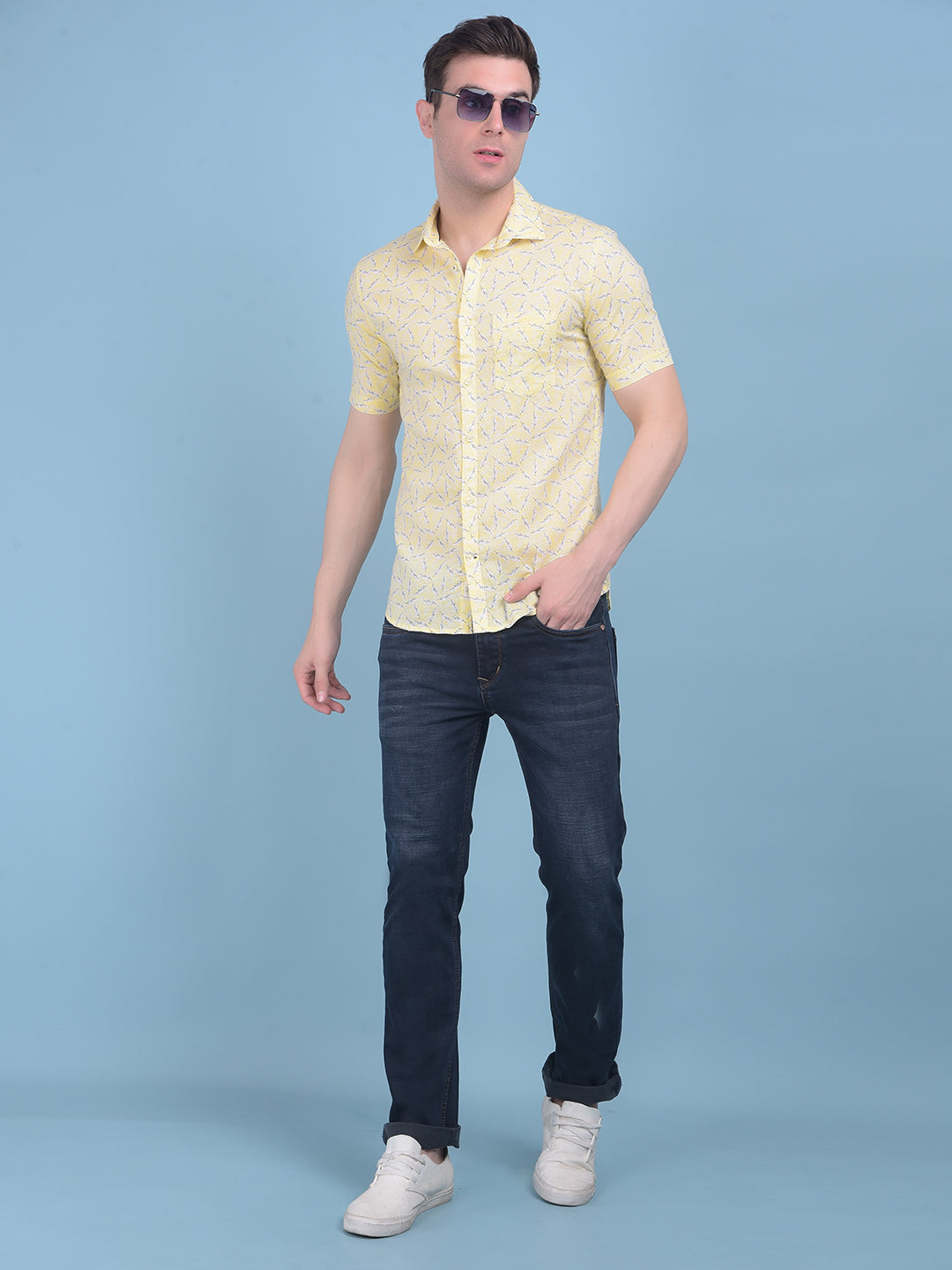 Yellow Floral Print Linen Shirt-Men Shirts-Crimsoune Club