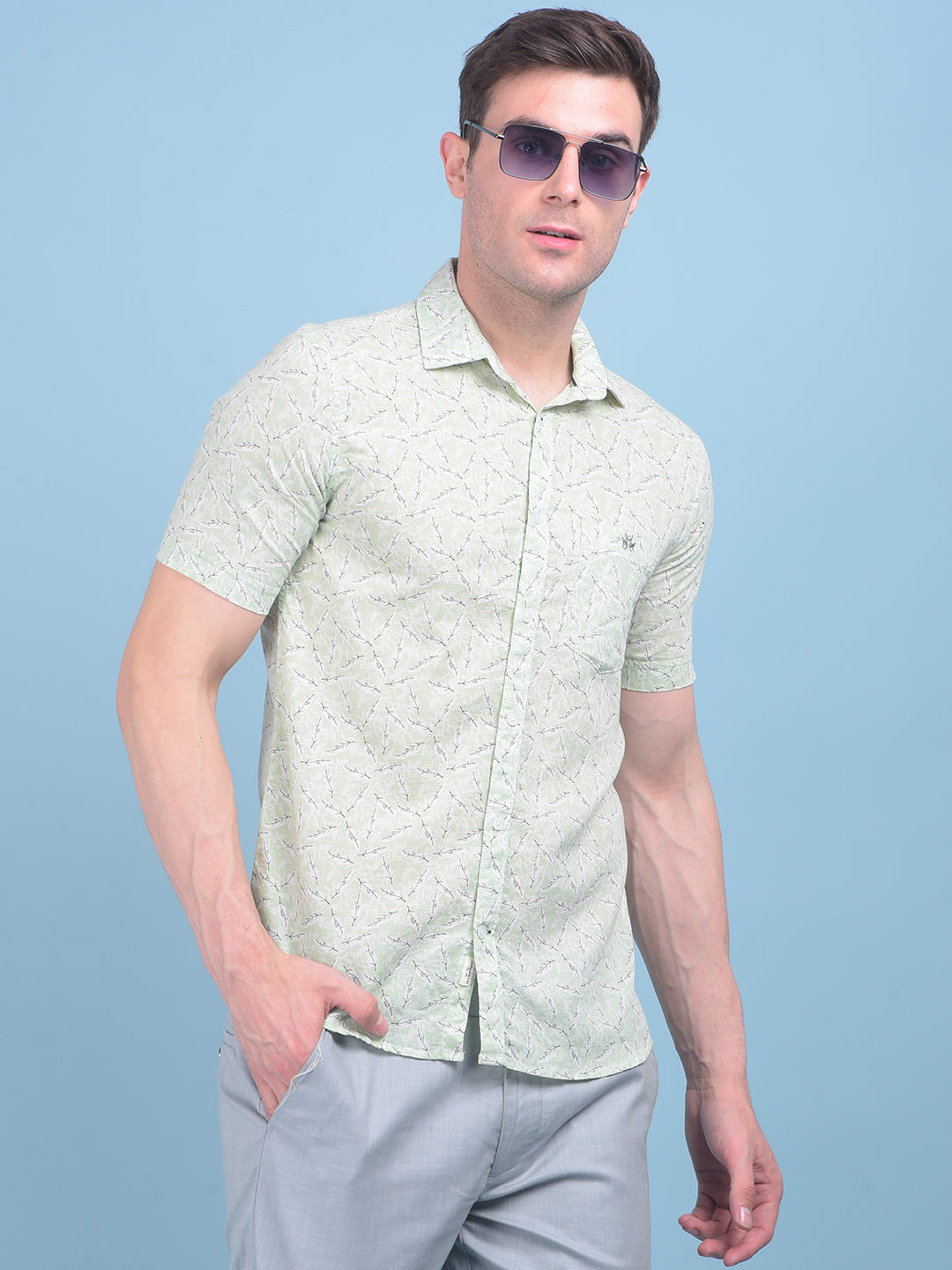 Green Floral Print Linen Shirt-Men Shirts-Crimsoune Club