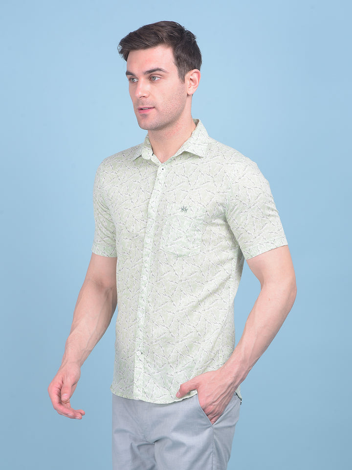 Green Floral Print Linen Shirt-Men Shirts-Crimsoune Club