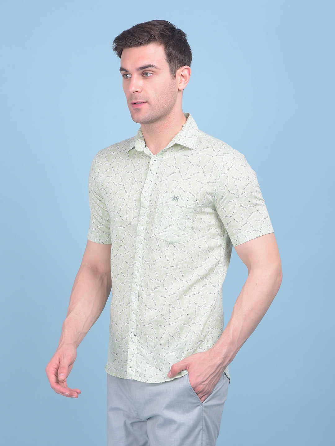 Green Floral Print Linen Shirt-Men Shirts-Crimsoune Club