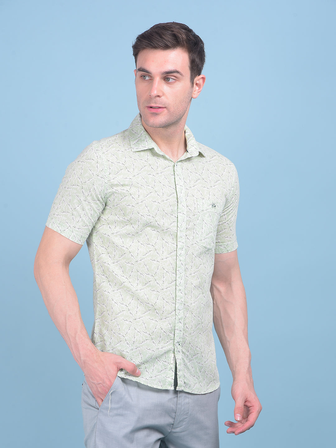 Green Floral Print Linen Shirt-Men Shirts-Crimsoune Club