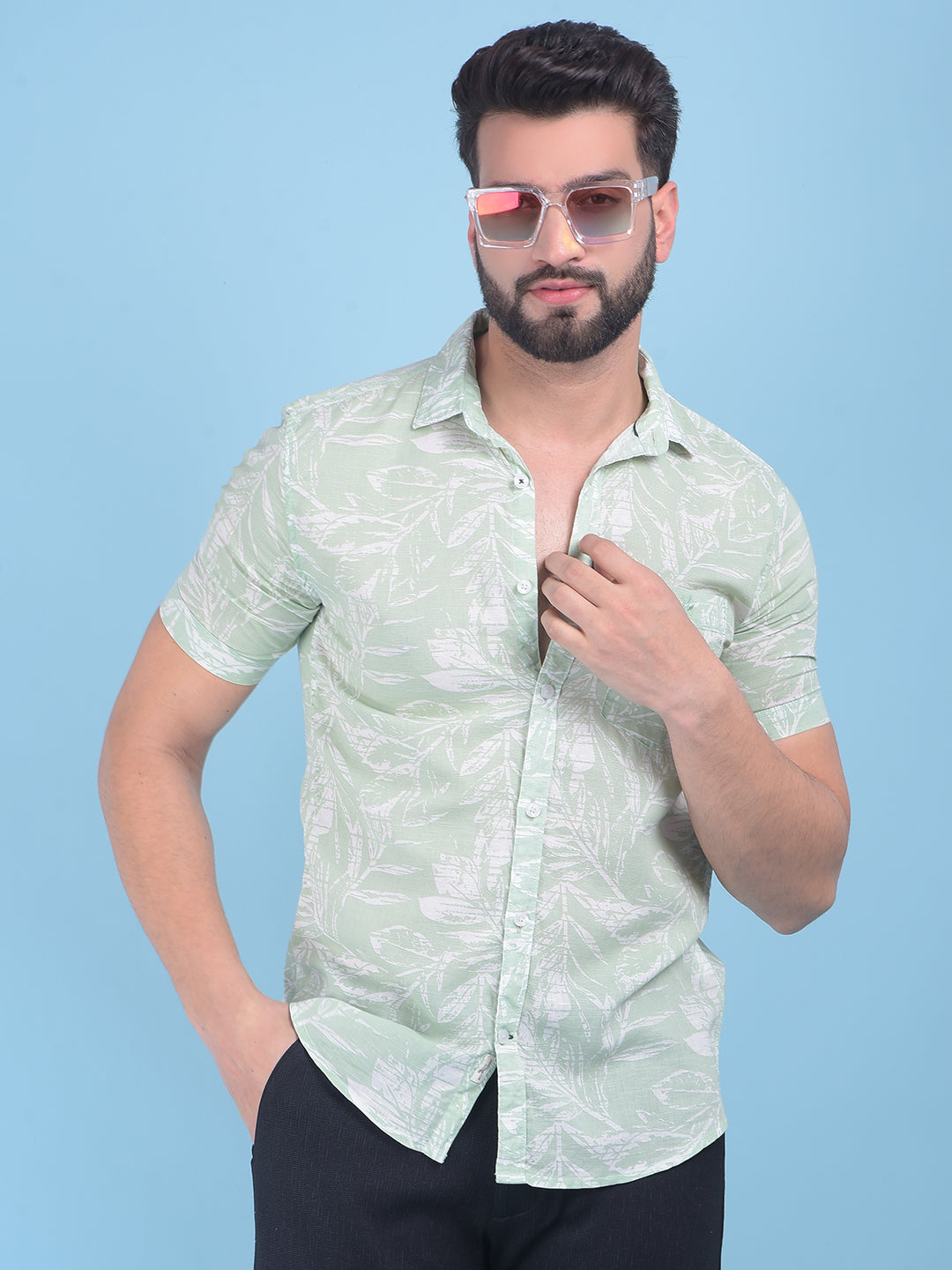 Green Floral Print Linen Shirt-Men Shirts-Crimsoune Club