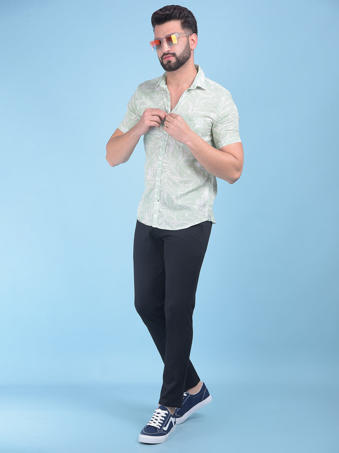 Green Floral Print Linen Shirt-Men Shirts-Crimsoune Club