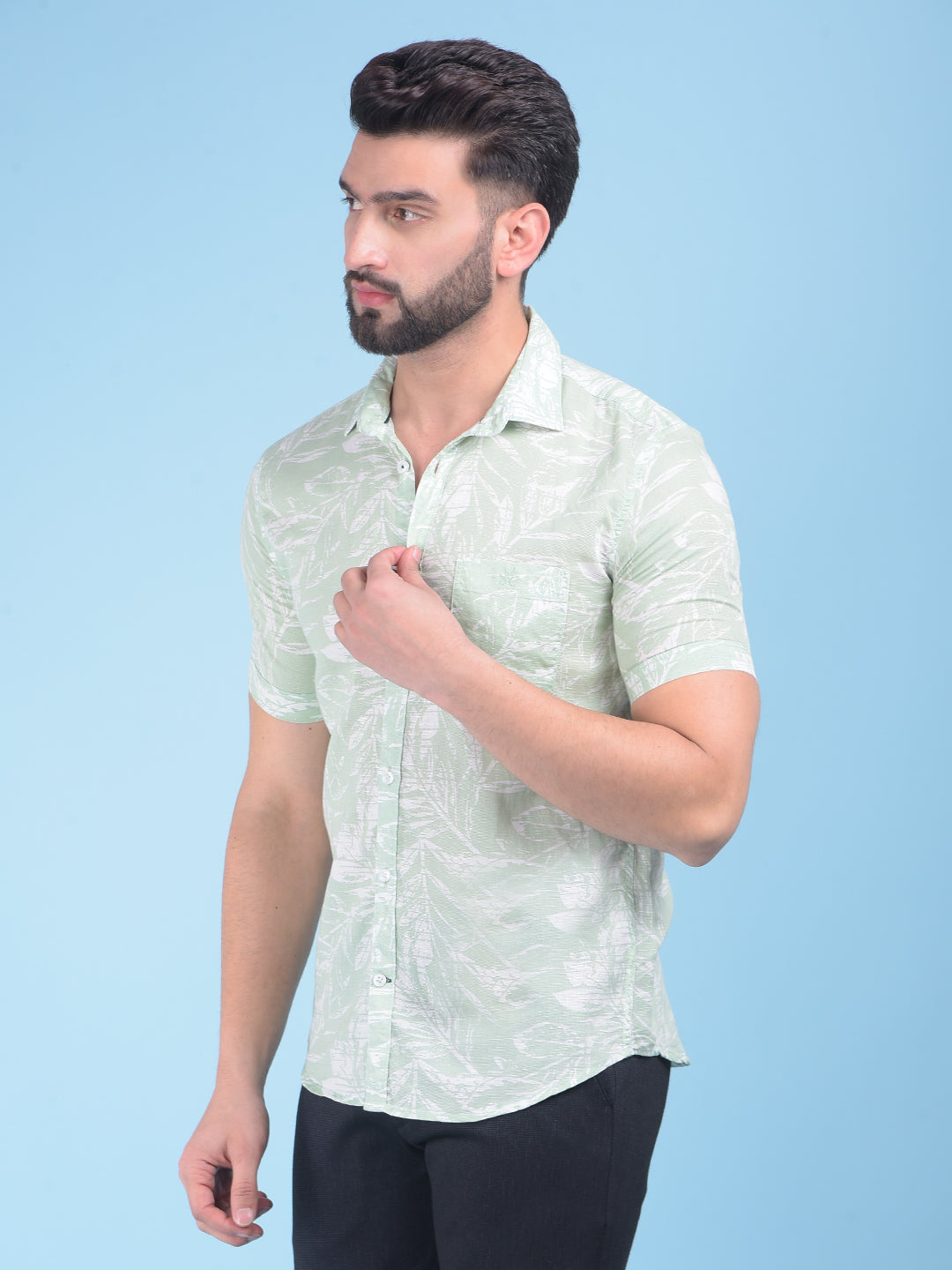 Green Floral Print Linen Shirt-Men Shirts-Crimsoune Club