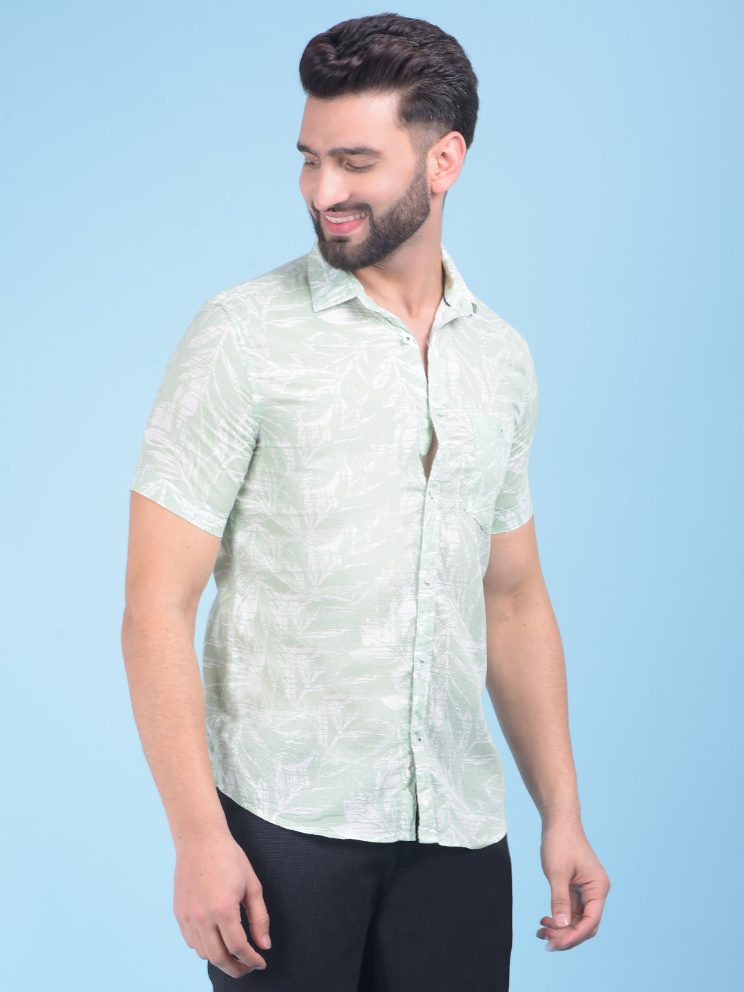 Green Floral Print Linen Shirt-Men Shirts-Crimsoune Club