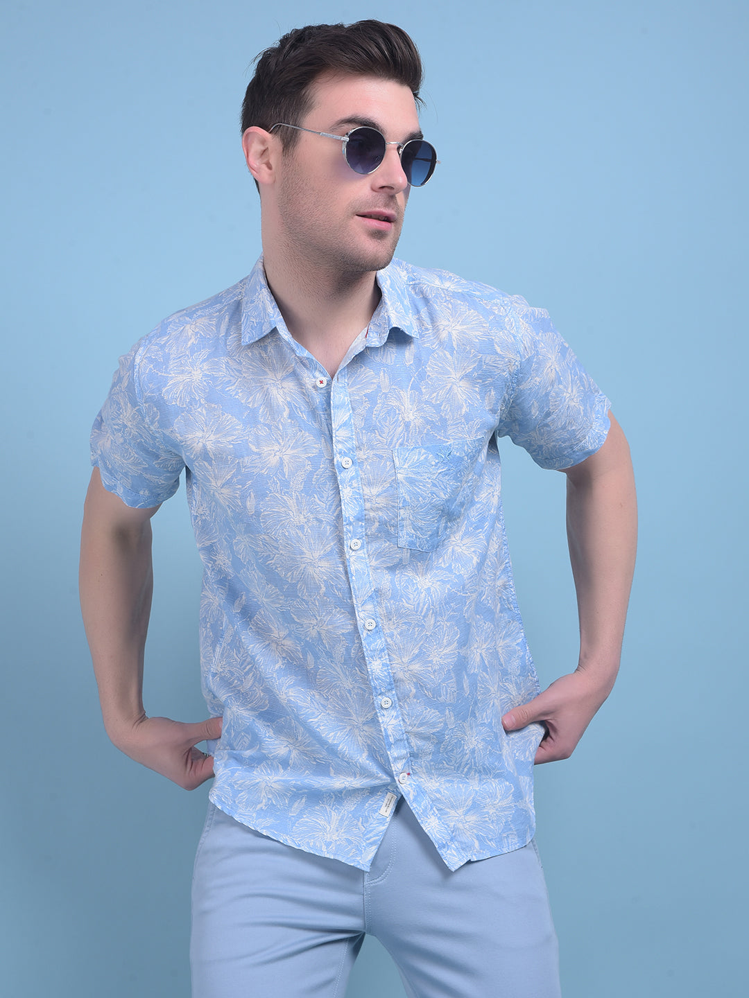 Blue Floral Print Linen Shirt-Men Shirts-Crimsoune Club