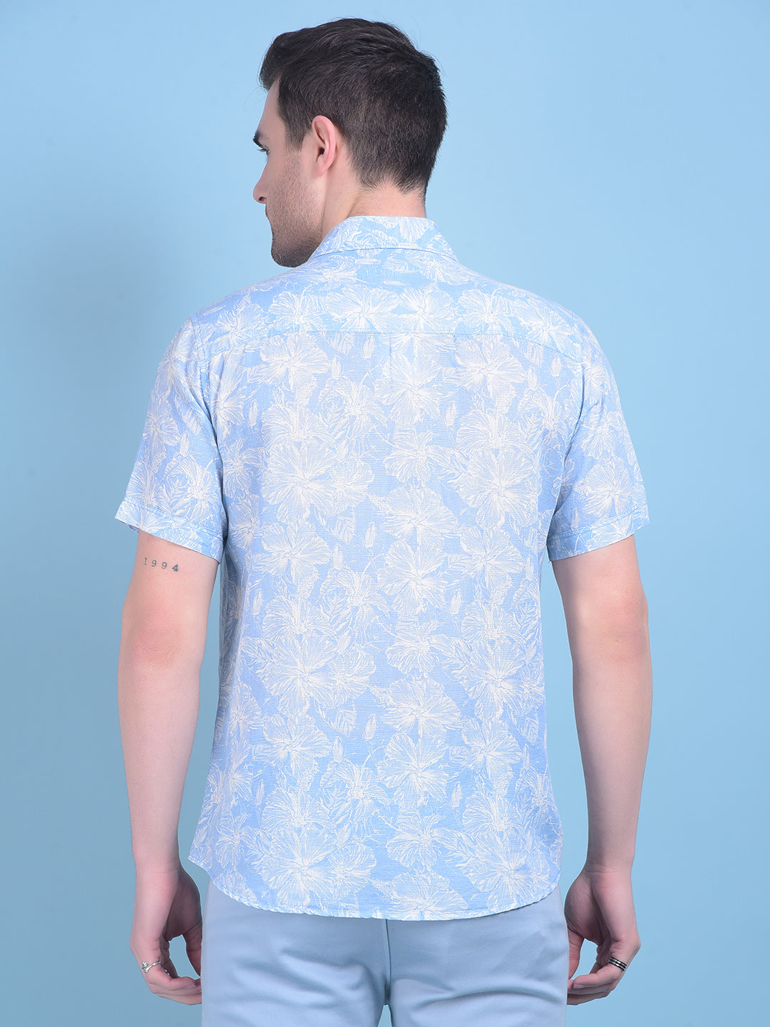 Blue Floral Print Linen Shirt-Men Shirts-Crimsoune Club