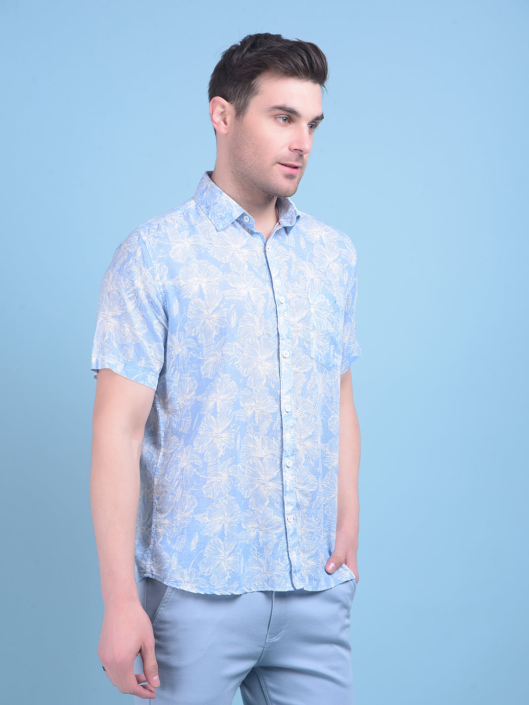 Blue Floral Print Linen Shirt-Men Shirts-Crimsoune Club