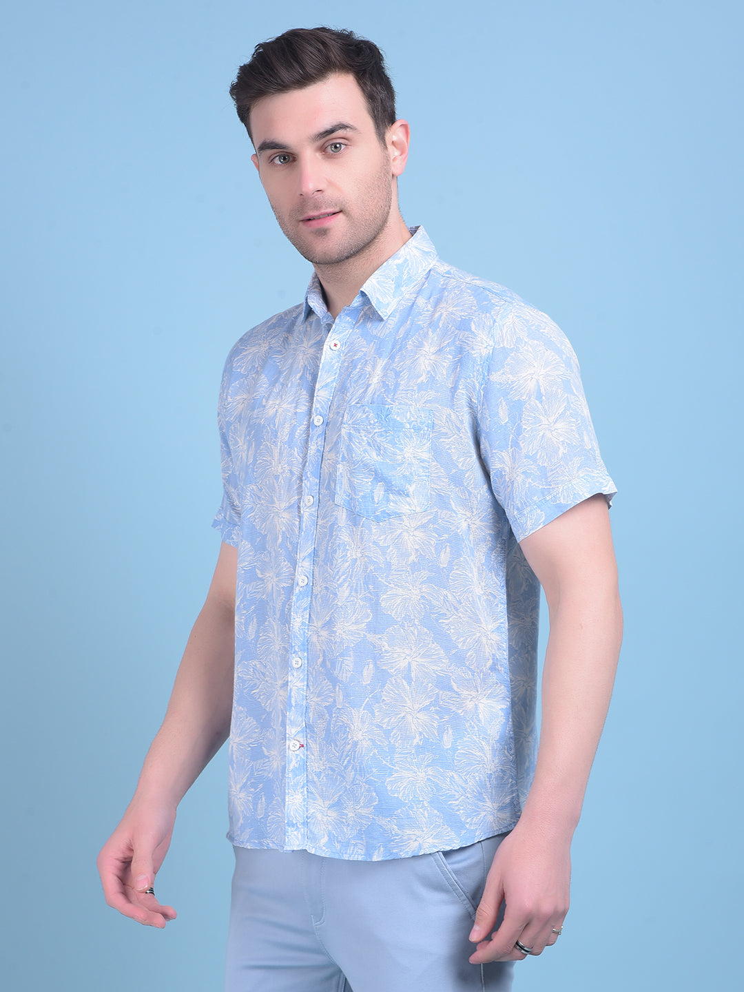 Blue Floral Print Linen Shirt-Men Shirts-Crimsoune Club