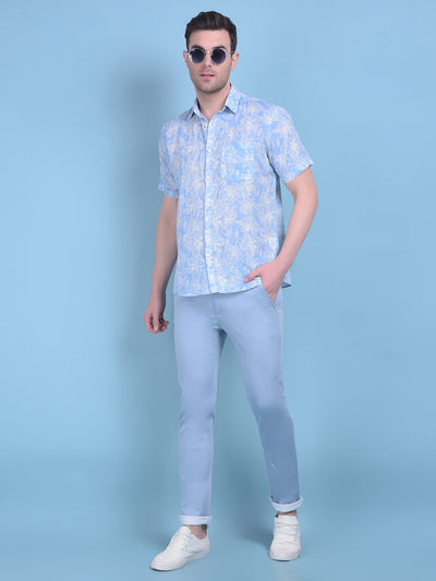 Blue Floral Print Linen Shirt-Men Shirts-Crimsoune Club