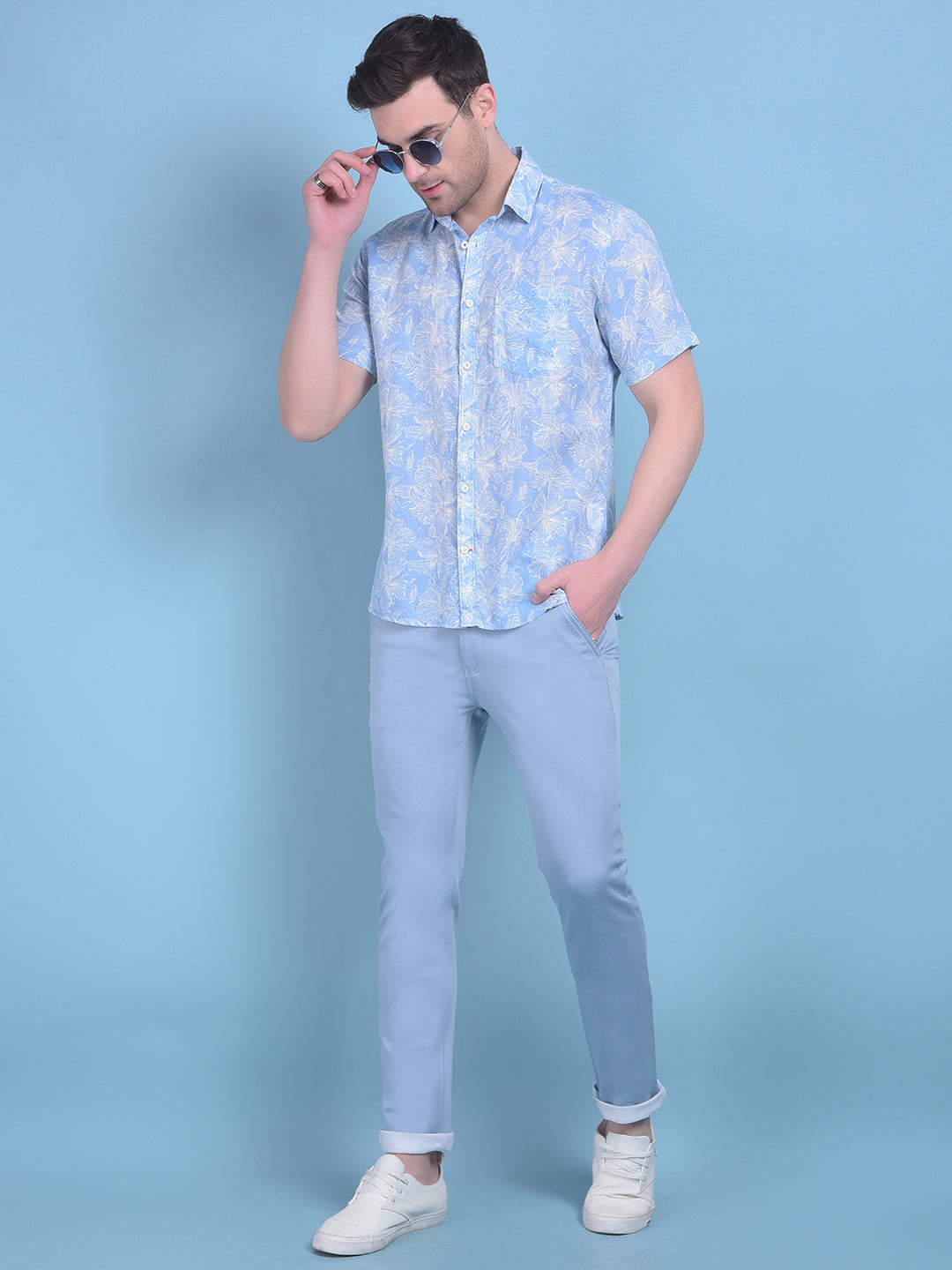 Blue Floral Print Linen Shirt-Men Shirts-Crimsoune Club