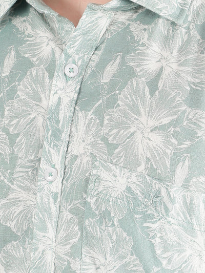Green Floral Print Linen Shirt-Men Shirts-Crimsoune Club