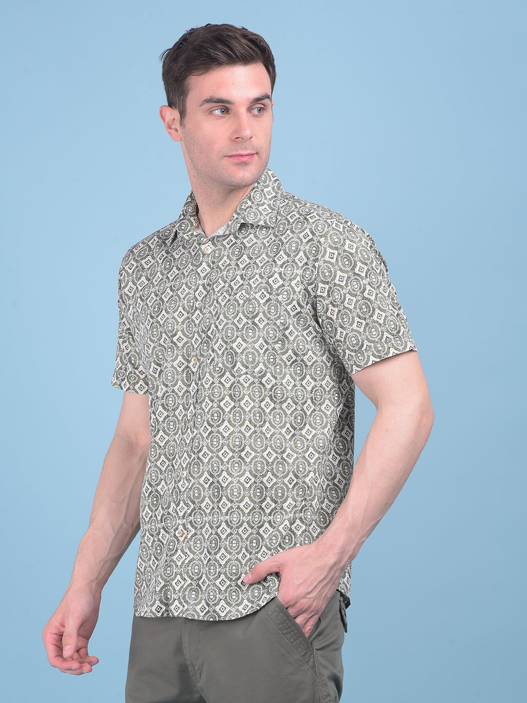 Printed Olive 100% Cotton Shirt-Men Shirts-Crimsoune Club