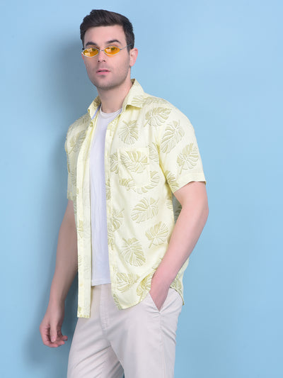 Yellow Floral Print Linen Shirt-Men Shirts-Crimsoune Club