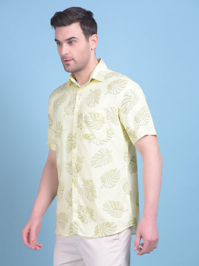 Yellow Floral Print Linen Shirt-Men Shirts-Crimsoune Club