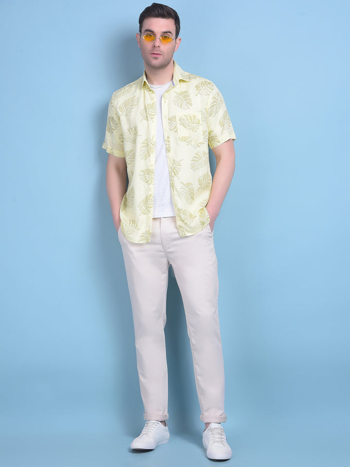 Yellow Floral Print Linen Shirt-Men Shirts-Crimsoune Club