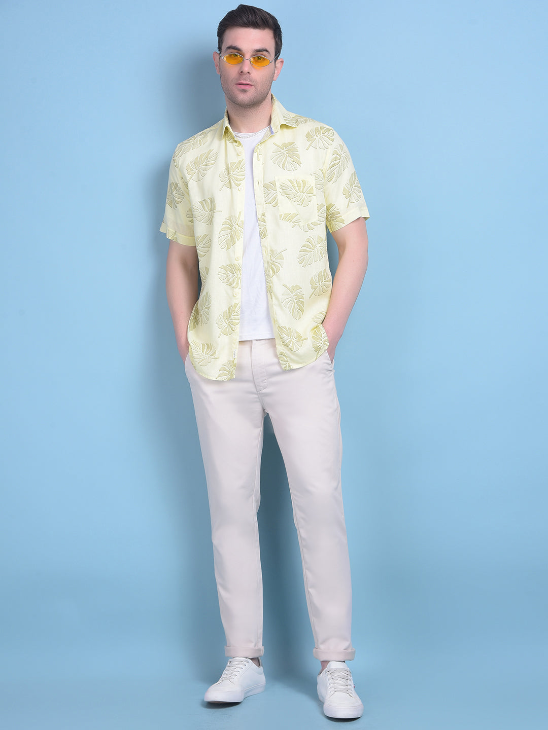 Yellow Floral Print Linen Shirt-Men Shirts-Crimsoune Club
