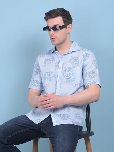 Blue Floral Print Linen Shirt-Men Shirts-Crimsoune Club