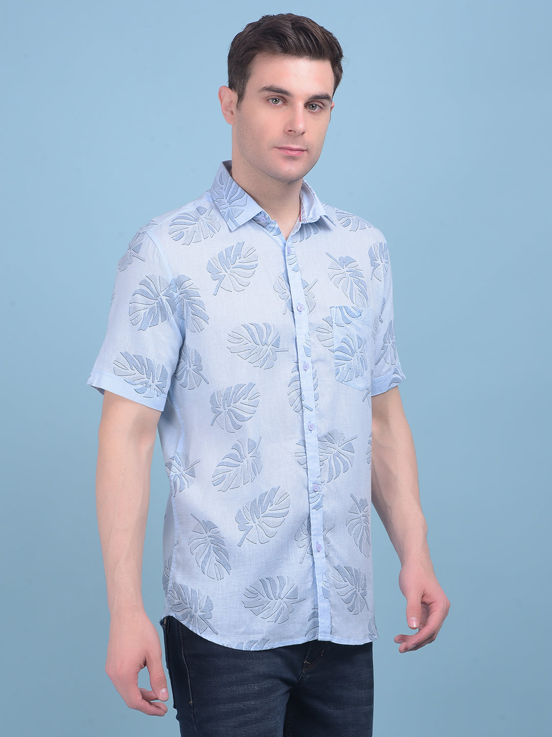 Blue Floral Print Linen Shirt-Men Shirts-Crimsoune Club