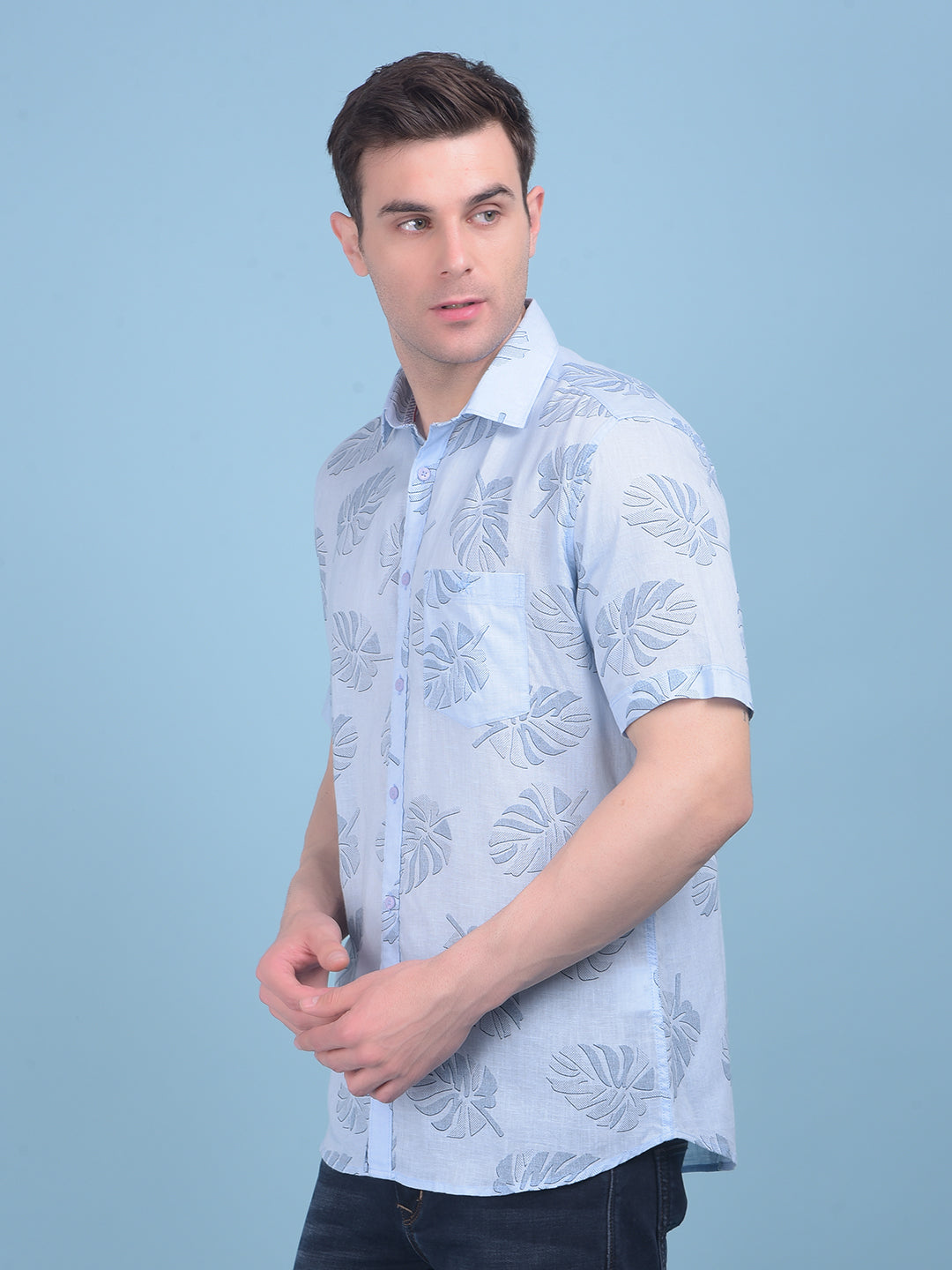 Blue Floral Print Linen Shirt-Men Shirts-Crimsoune Club