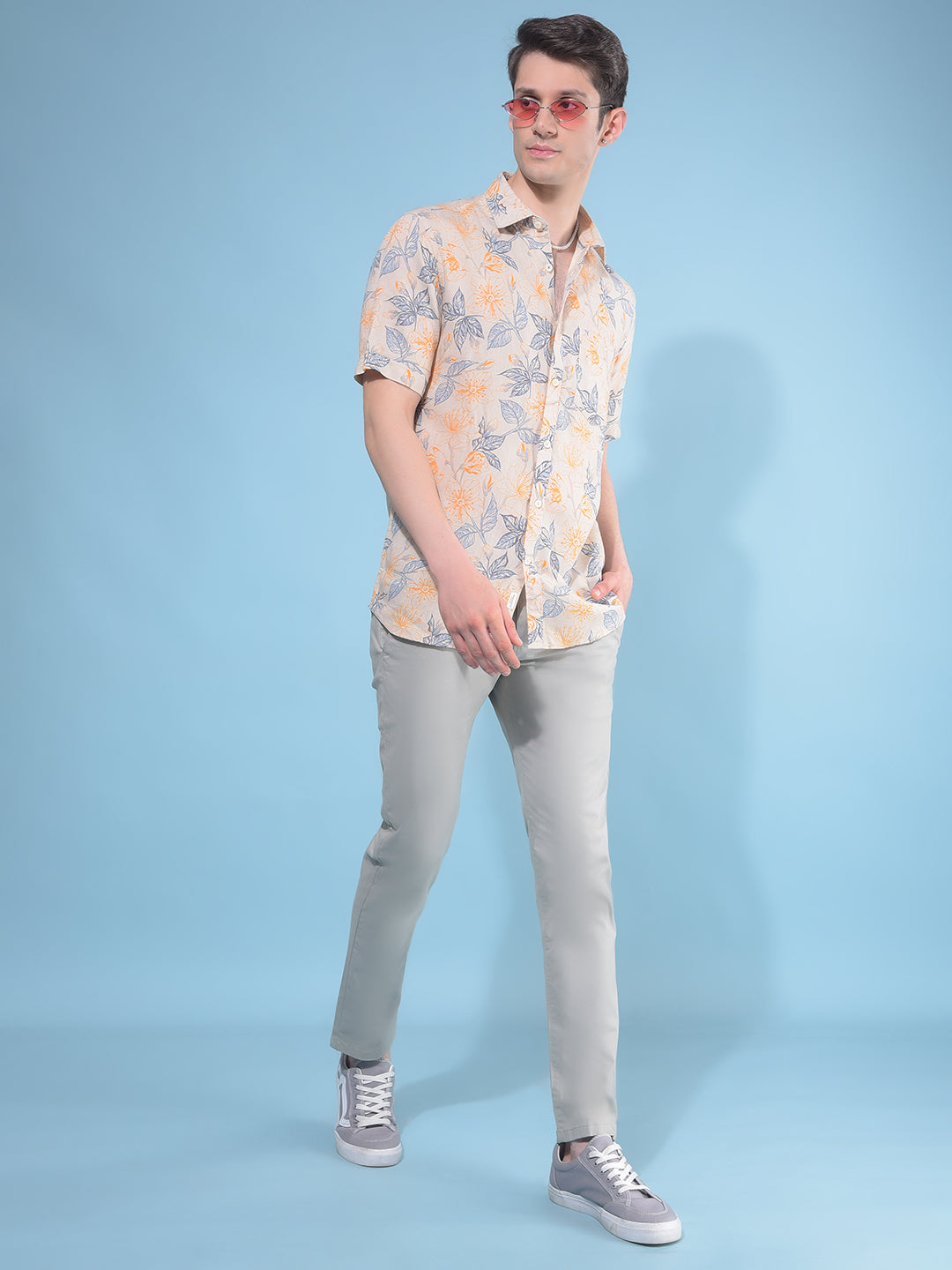 Orange Floral Print Linen Shirt-Men Shirts-Crimsoune Club