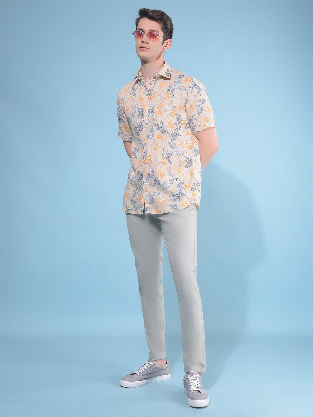 Orange Floral Print Linen Shirt-Men Shirts-Crimsoune Club