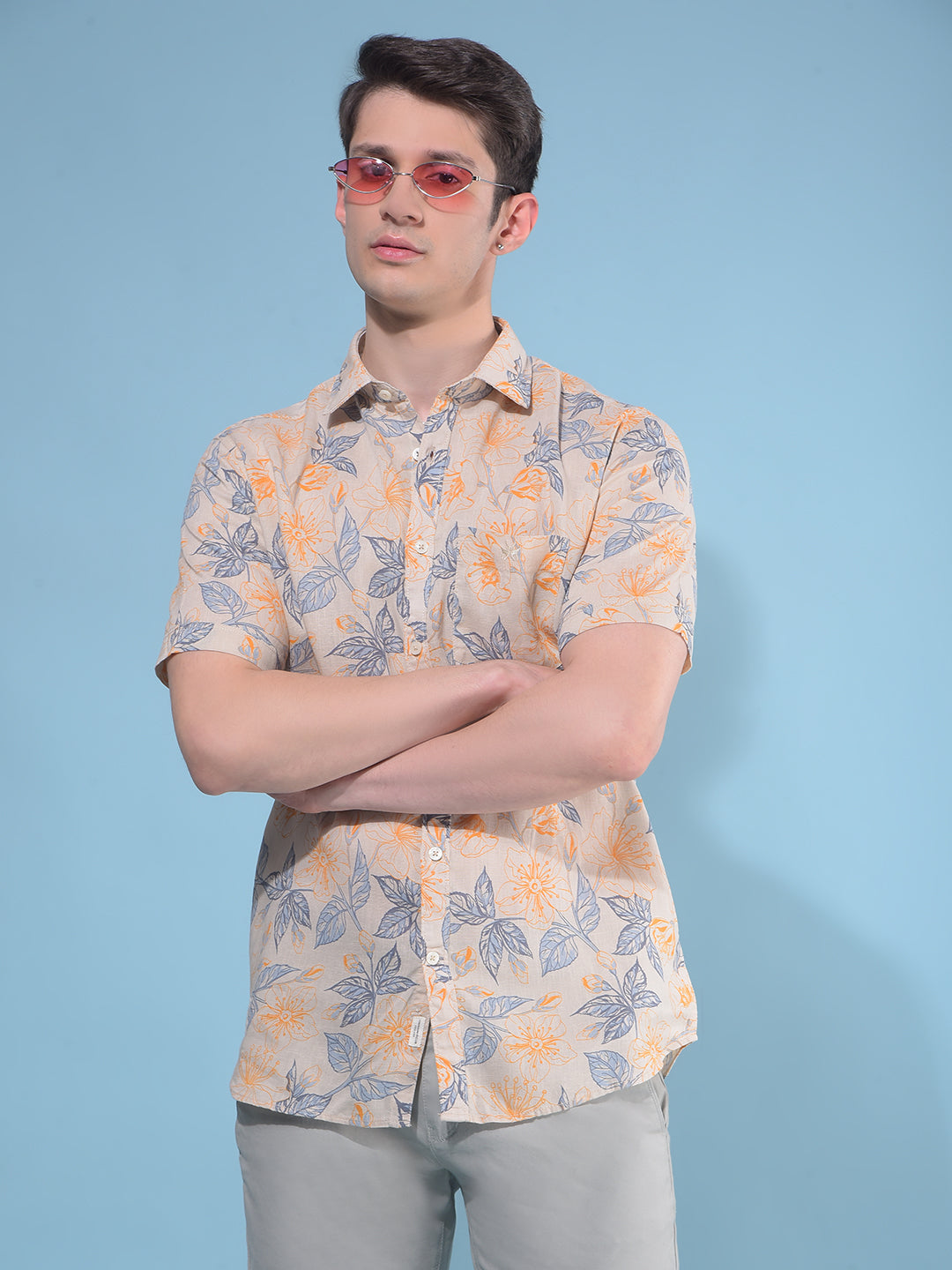 Orange Floral Print Linen Shirt-Men Shirts-Crimsoune Club