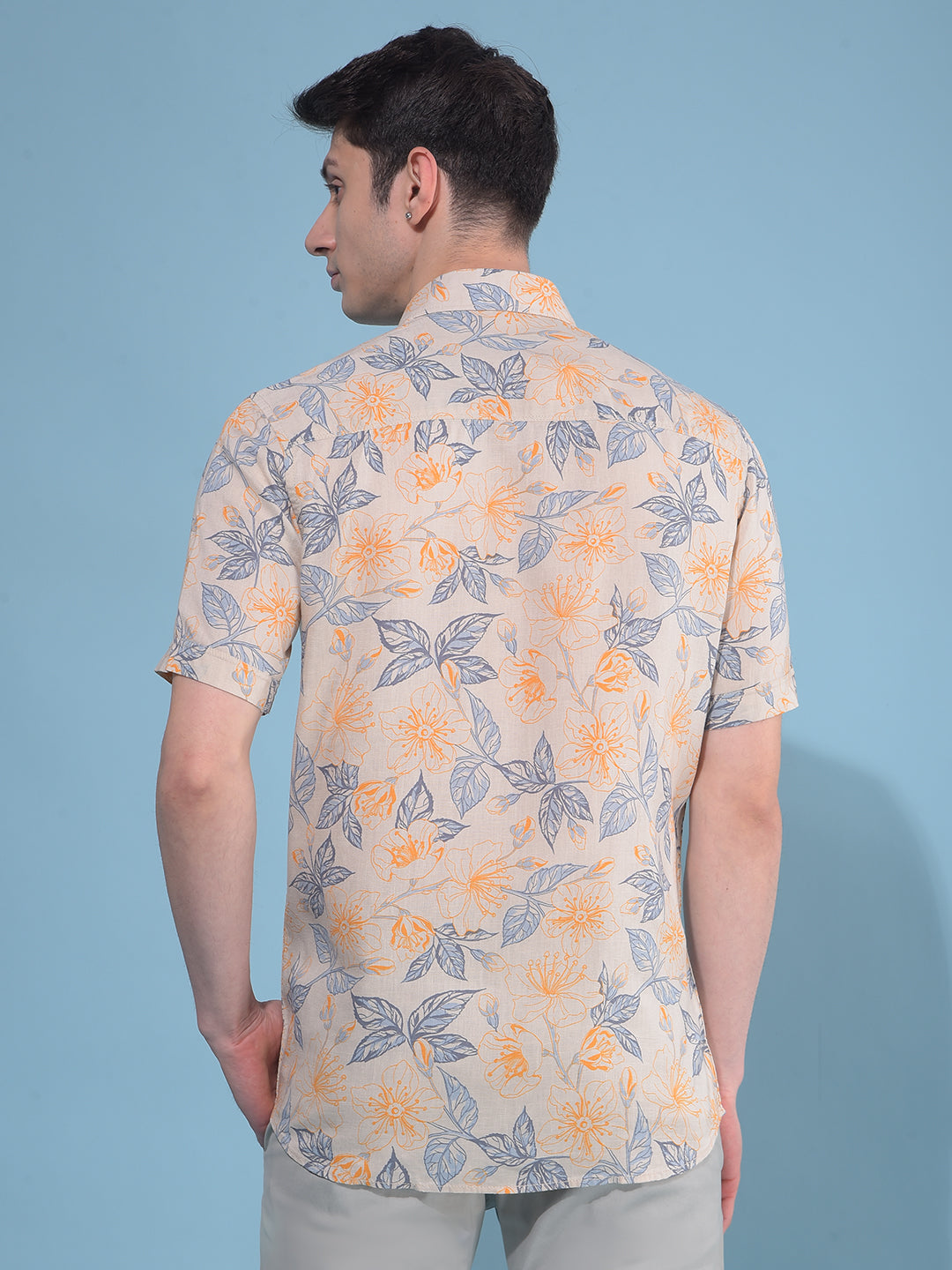 Orange Floral Print Linen Shirt-Men Shirts-Crimsoune Club