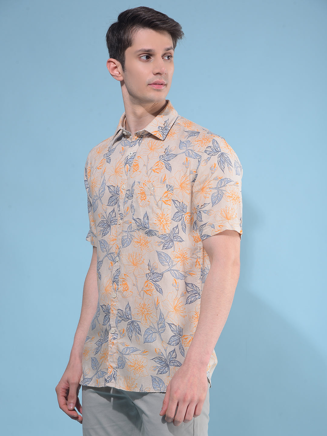 Orange Floral Print Linen Shirt-Men Shirts-Crimsoune Club