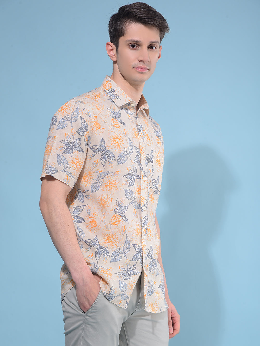 Orange Floral Print Linen Shirt-Men Shirts-Crimsoune Club