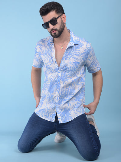 Blue Floral Print Linen Shirt-Men Shirts-Crimsoune Club