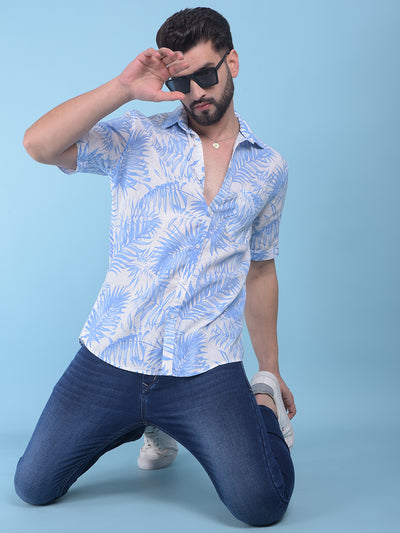 Blue Floral Print Linen Shirt-Men Shirts-Crimsoune Club