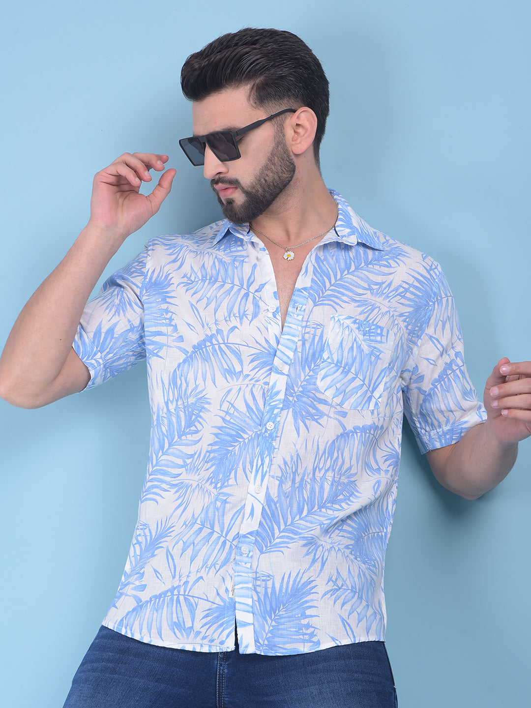 Blue Floral Print Linen Shirt-Men Shirts-Crimsoune Club