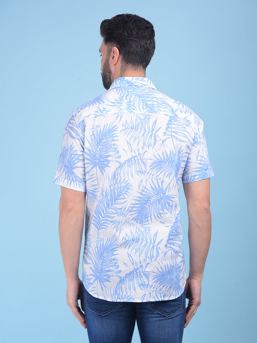 Blue Floral Print Linen Shirt-Men Shirts-Crimsoune Club