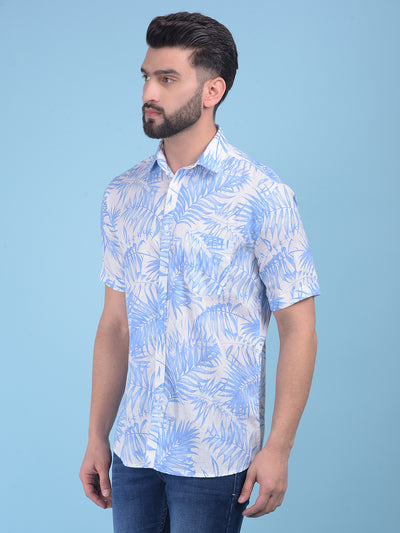 Blue Floral Print Linen Shirt-Men Shirts-Crimsoune Club