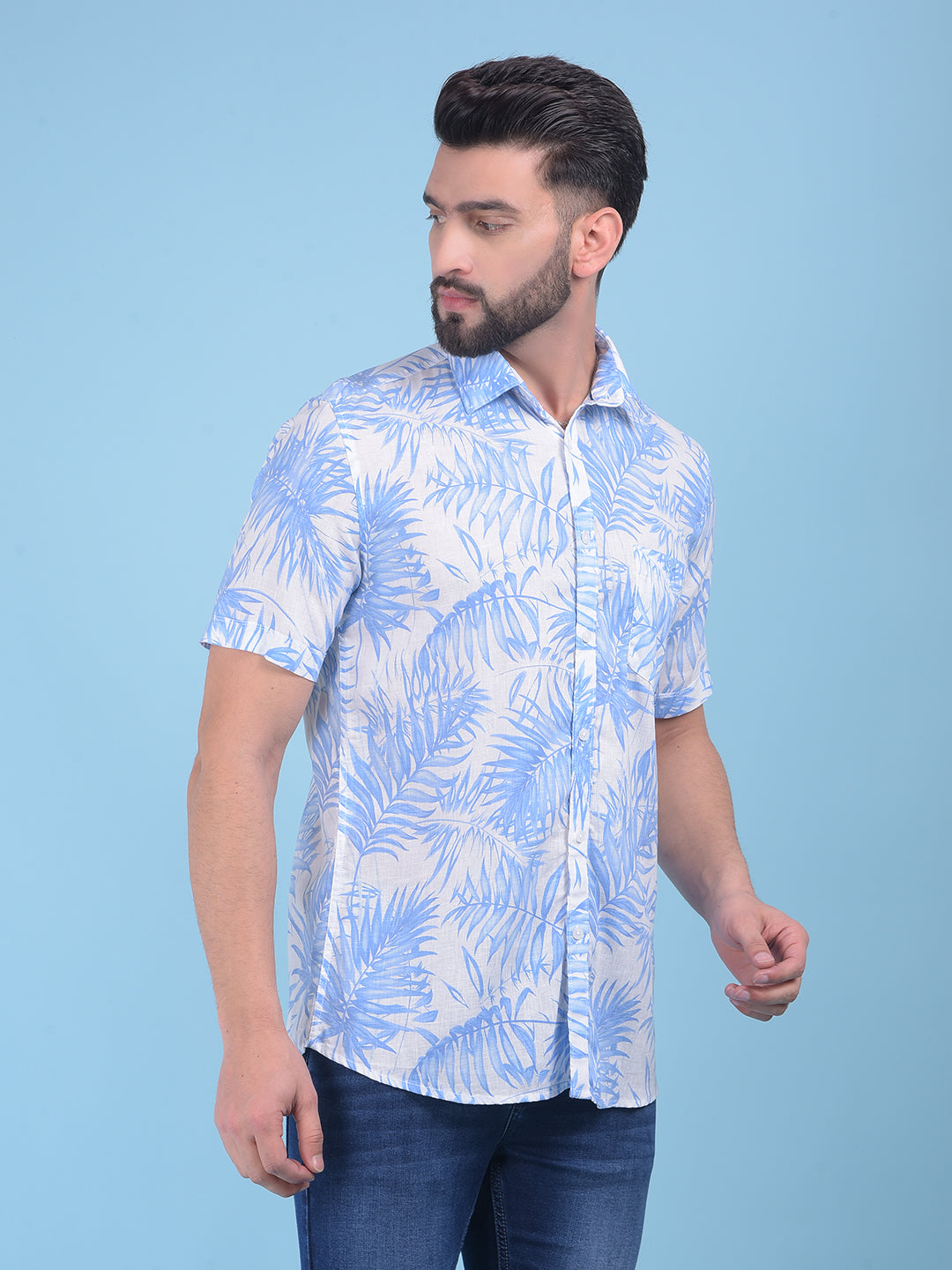 Blue Floral Print Linen Shirt-Men Shirts-Crimsoune Club