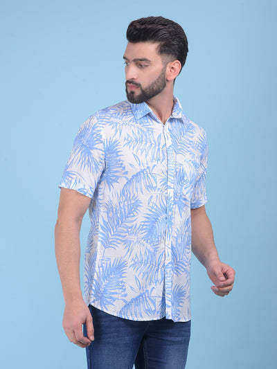 Blue Floral Print Linen Shirt-Men Shirts-Crimsoune Club