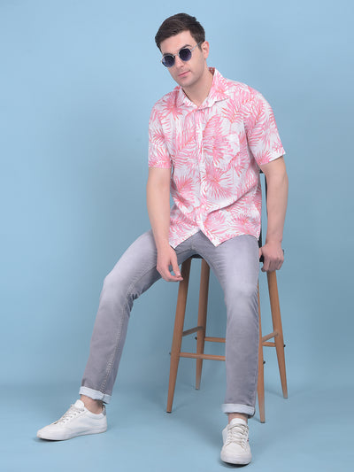 Peach Floral Print Linen Shirt-Men Shirts-Crimsoune Club