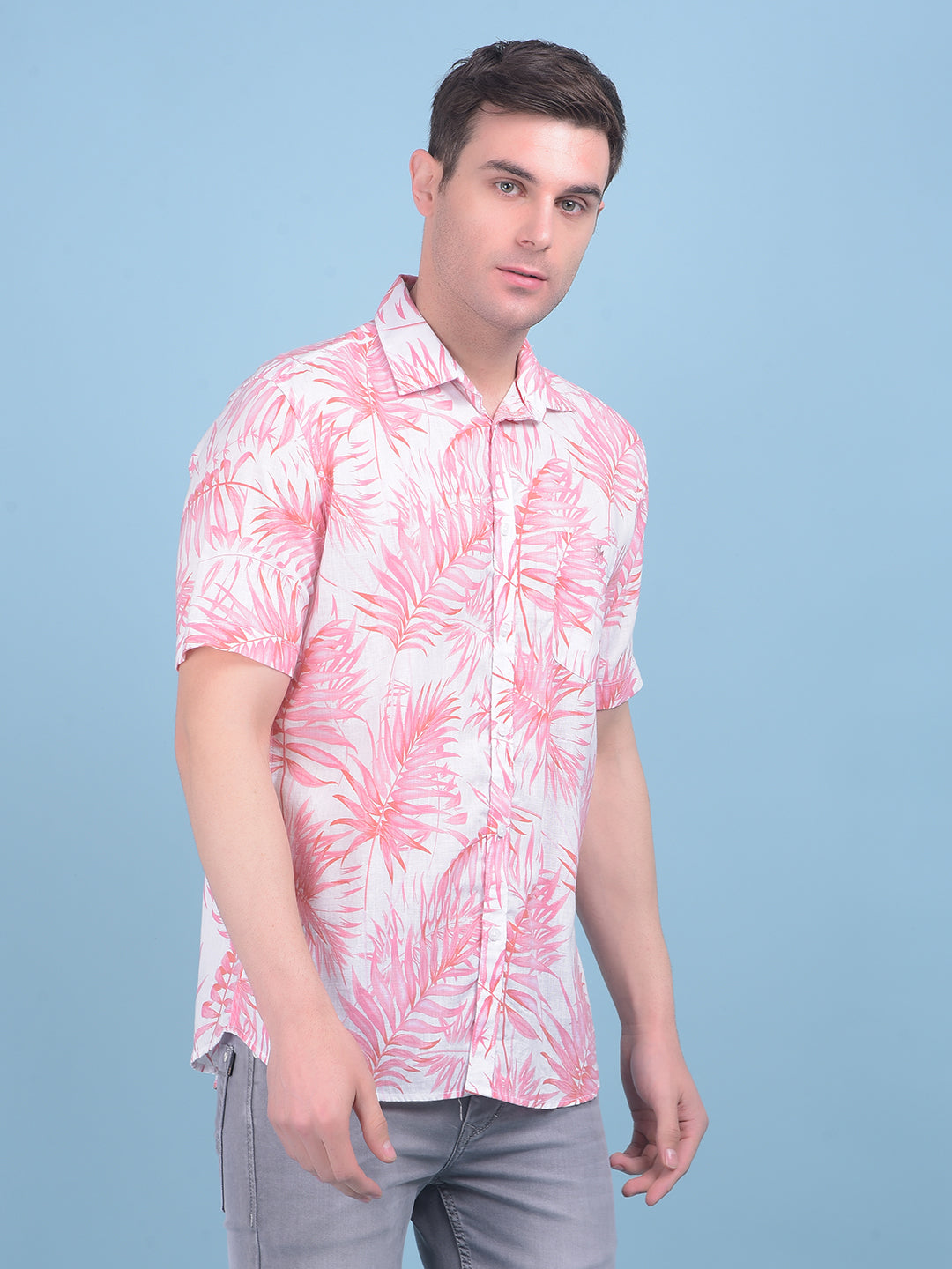 Peach Floral Print Linen Shirt-Men Shirts-Crimsoune Club