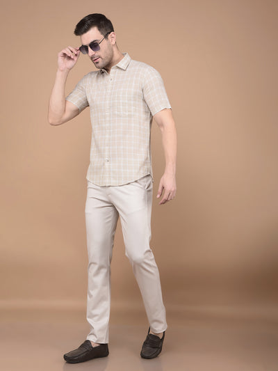 Khaki Checked Linen Shirt-Men Shirts-Crimsoune Club