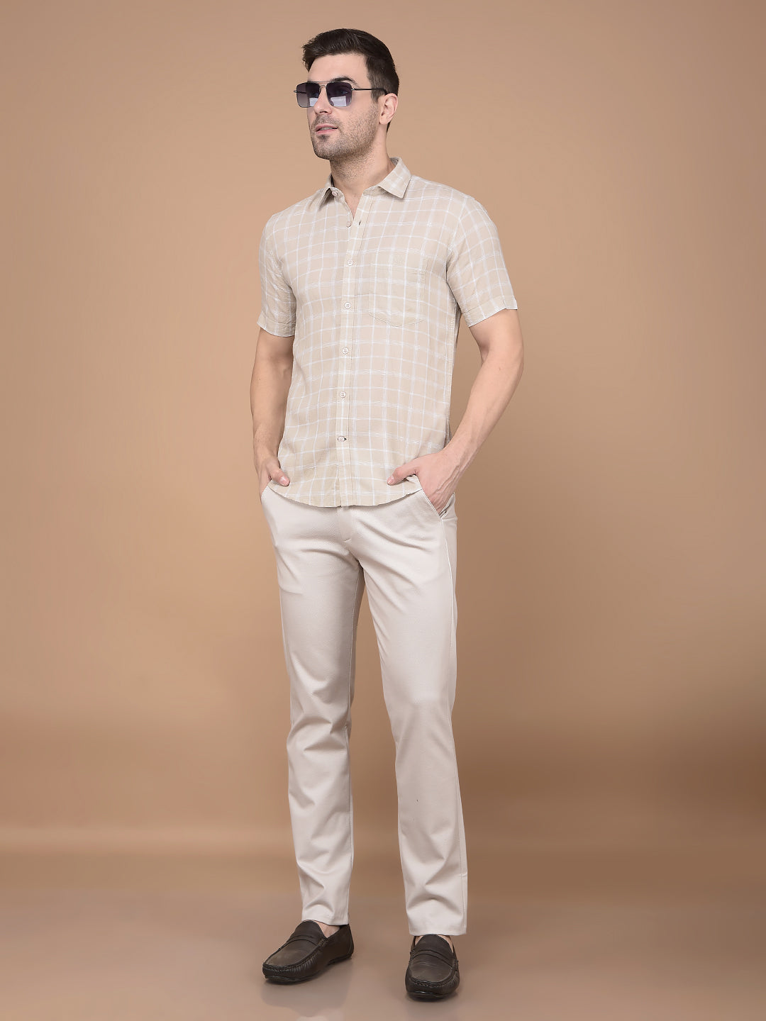 Khaki Checked Linen Shirt-Men Shirts-Crimsoune Club