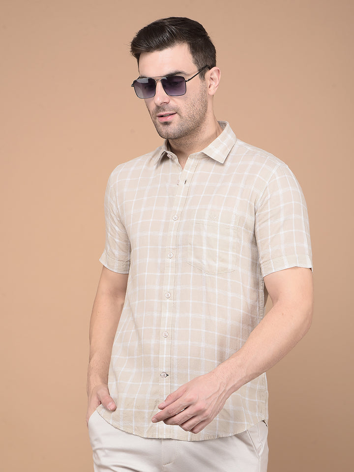 Khaki Checked Linen Shirt-Men Shirts-Crimsoune Club