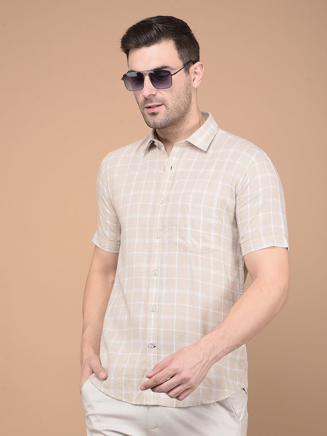 Khaki Checked Linen Shirt-Men Shirts-Crimsoune Club