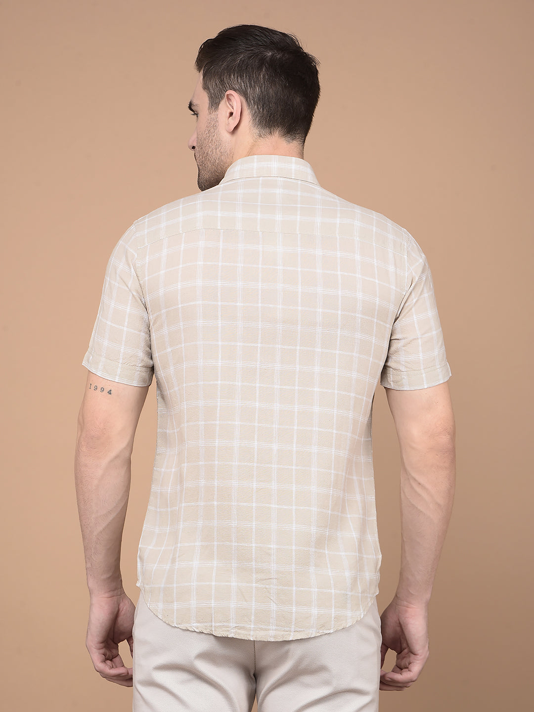 Khaki Checked Linen Shirt-Men Shirts-Crimsoune Club